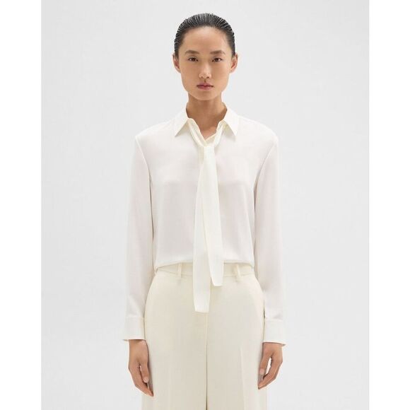 Theory Women's Ivory Silk Georgette Tie Neck Button Down Blouse Size Large NWOT - Picture 2 of 11